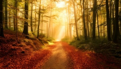 Obraz premium Camino forestal otoñal con luz solar y niebla