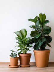 Obraz premium Three potted plants of varying sizes arranged neatly on a wooden floor against a white wall