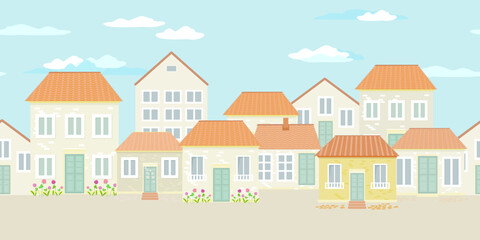 seamless border with tiny cozy houses. panoramic cloudy cityscape