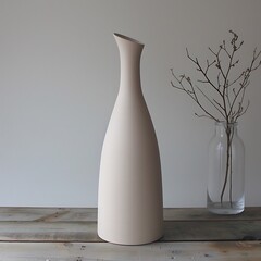 Elegant cream colored vase and glass bottle with twigs on rustic wood surface