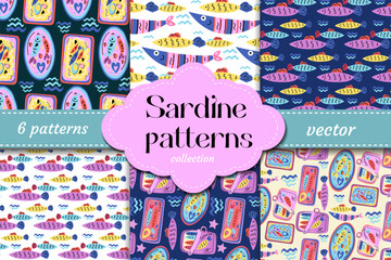 Fun sardine vector patterns in pop colors with fish, canned seafood and sea waves. Great for packaging, kids design and trendy Mediterranean prints.