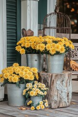Vibrant yellow mums in galvanized buckets adorn a rustic porch