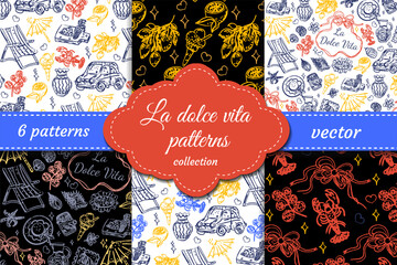 Stylish La Dolce Vita vector patterns in outline style. Includes Italian motifs: lemons, deckchairs, seafood and summer symbols. Ideal for elegant prints and packaging.