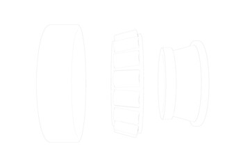Wireframe Depiction Technical Drawing Simple Line Art Outline Illustration Monochrome Disassembled Exploded Tapered Roller Bearing with Separated Components with Inner Ring, Outer Ring, and Rollers