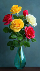 Fototapeta premium A beautiful arrangement of red, yellow, and white roses stands elegantly in a clear blue vase against a subtly textured dark teal backdrop displaying vibrant colors.