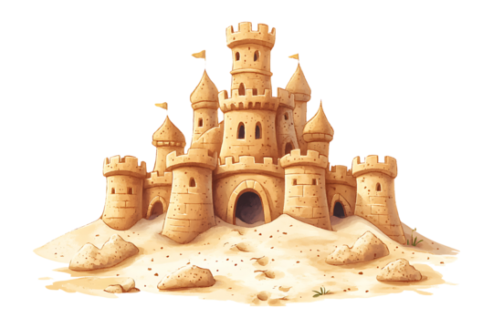 Hand-drawn sandcastle cartoon isolated on transparent background
