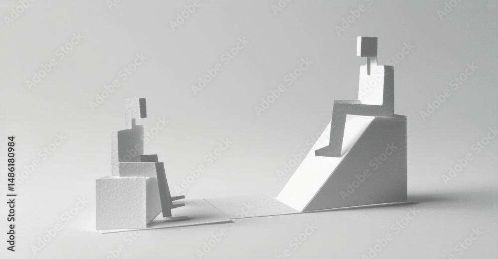 Poster minimalist sculpture depicts two figures seated atop geometric blocks. contrast exists between heigh