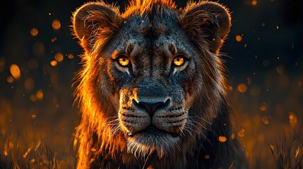 Naklejka premium A majestic lion with golden eyes staring intensely into the distance