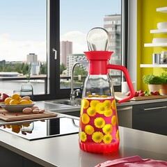 Modern Kitchen Scene with Refreshing Beverage and Natural Light Elegance