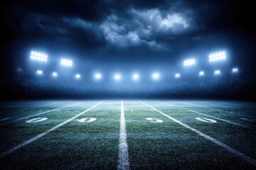 Naklejka premium Illuminated Stadium Field Under a Cloudy Sky