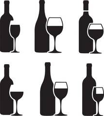 Six Simple Black Silhouettes of Wine Bottles and Glasses