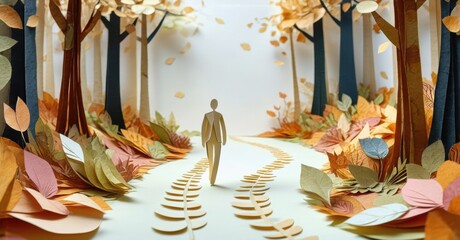 Papercraft forest scene depicts person walking path. Autumn foliage surrounds winding road toward bright distance. Peaceful, serene imagery.