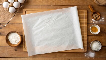 Baking preparation with parchment paper and ingredients. Top view of baking setup with parchment paper on a wooden board, surrounded by flour, eggs, sugar, and other ingredients