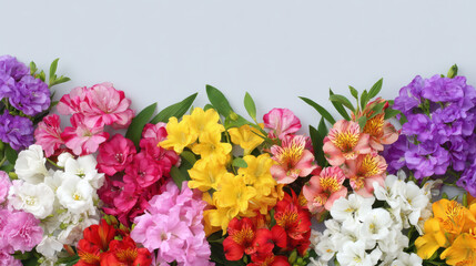 Obraz premium An assortment of vibrant multicolored flowers including stock, alstroemeria, and greenery are arranged on a light gray background creating a border effect.