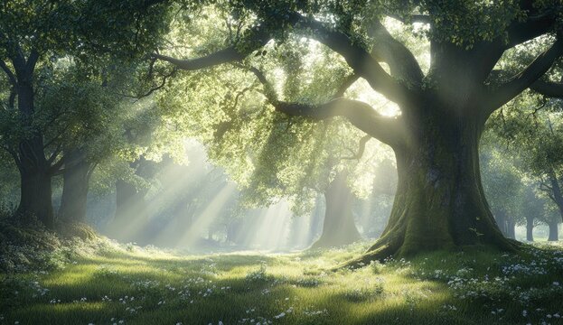 Sunlight streams through ancient forest, illuminating a glade of lush greenery.  A peaceful, mystical atmosphere is created by the dappled sunlight and vibrant foliage