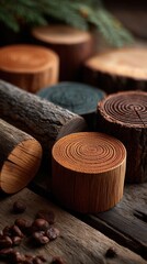 Peaceful wooden tree stumps arranged on rustic table