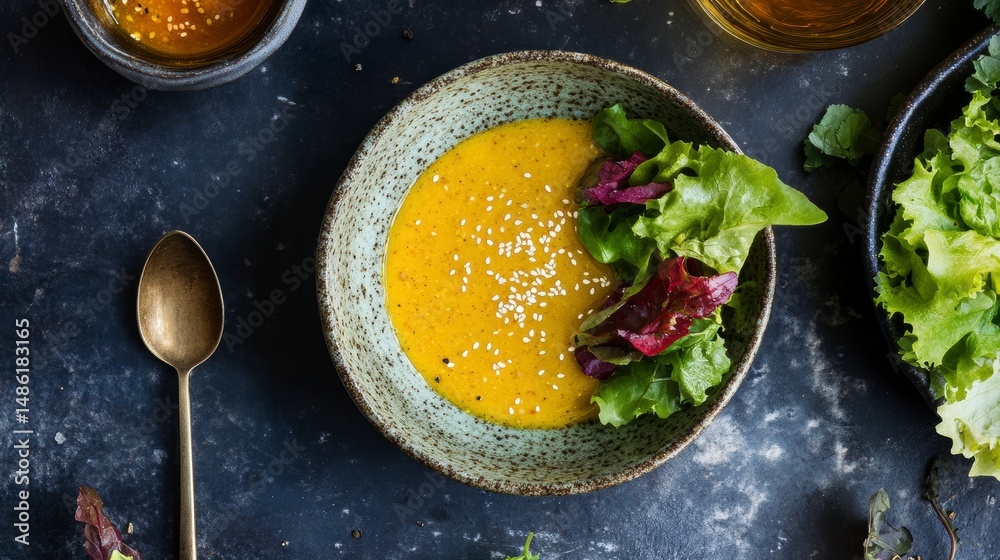 Aufkleber creamy yellow soup with sesame seeds and fresh salad in a rustic bowl.