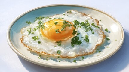 A plate of food featuring a fried egg garnished with parsley and chives for a beautiful and clean culinary display
