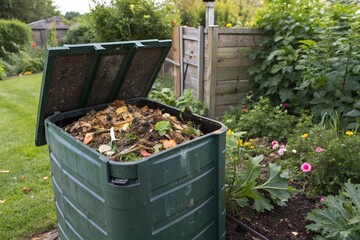 Outdoor garden compost bin full of food waste. A green compost bin in a garden filled with decomposing organic waste, promoting sustainable recycling and home composting practices