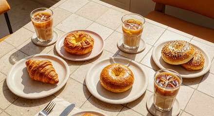 A beautifully styled breakfast table featuring glasses of iced coffee paired with fresh baked goods including croissants, bagels, and Danish pastries. Captured in warm natural light on a tiled surface