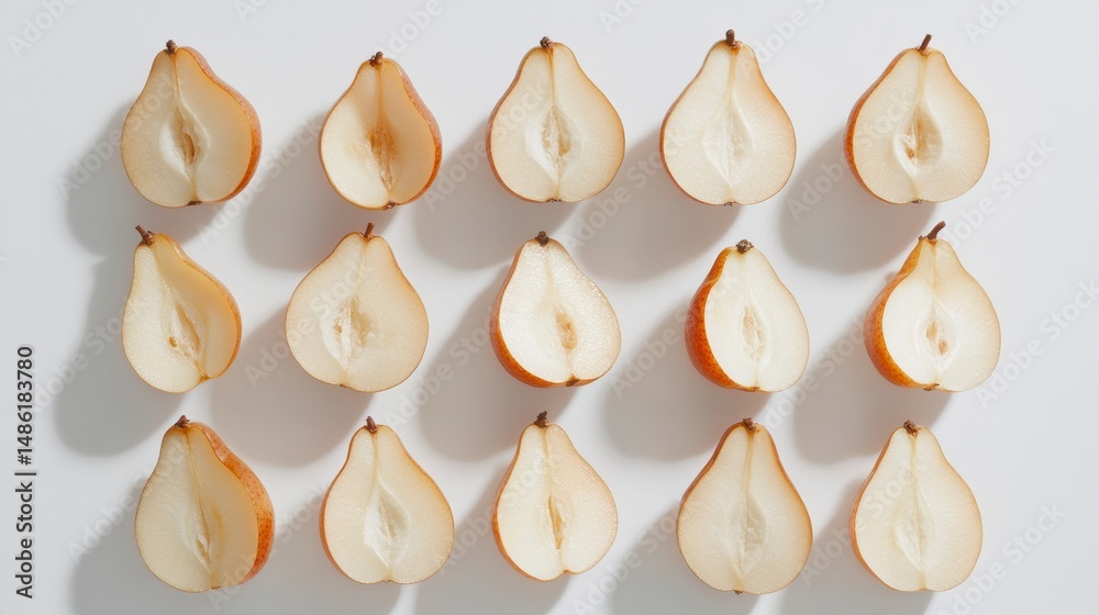 Poster Halved pears arranged in a grid pattern on a white background, showcasing their texture and color.