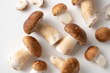 Fototapeta premium Raw Porcini Mushrooms on White Background. Fresh whole porcini mushrooms scattered on a clean white surface, showcasing their earthy texture and rich culinary appeal