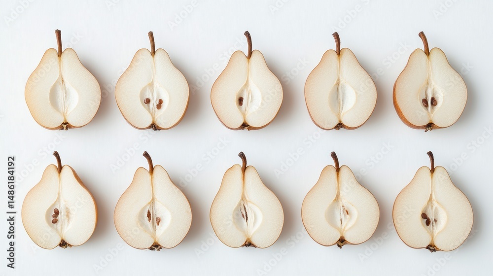 Poster ten halved pears arranged in rows on a white background.