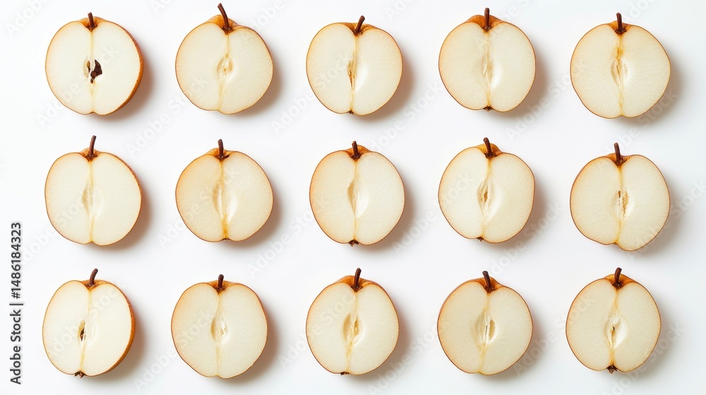 Poster Halved pears arranged in a grid pattern on a white background.