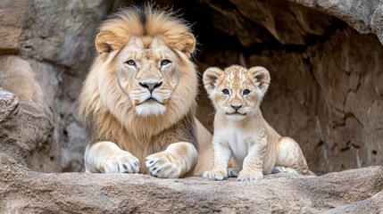 Obraz premium Adult lion sits beside lion cub on a rock formation in a shadowed area. - high quality Adult lion sits beside lion cub on a rock formation in a shadow