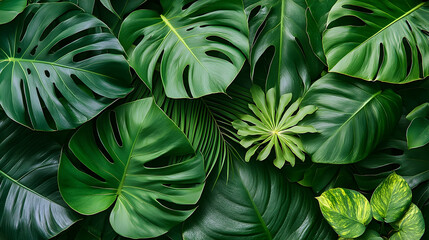 Fototapeta premium Lush green tropical leaves background texture nature foliage pattern