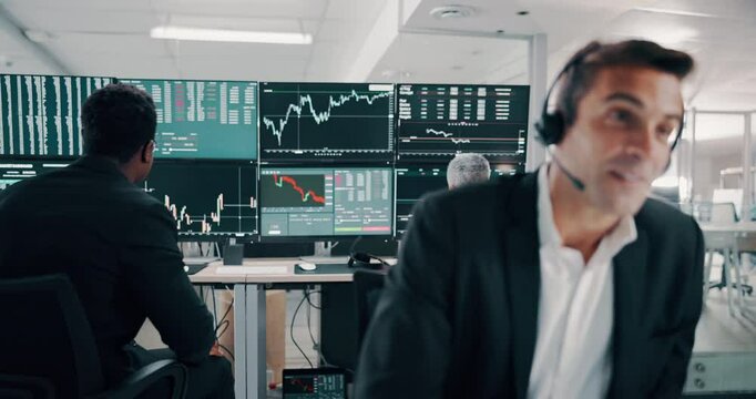 Shaking hands, computer and business men in office for trading profit, revenue or dividend deal. Agreement, charts and male financial investor with manager for handshake for investment opportunity.
