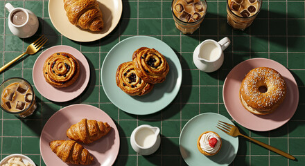 A beautifully styled breakfast table featuring glasses of iced coffee paired with fresh baked goods including croissants, bagels, and Danish pastries. Captured in warm natural light on a tiled surface
