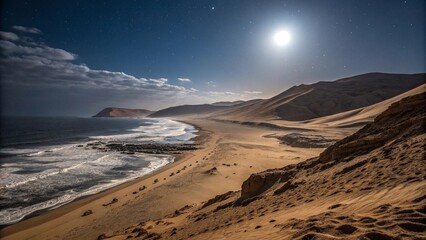 Desert beach coastline under full moon at night. Stunning view of a moonlit desert coastline with rolling sand dunes meeting ocean waves under a clear night sky