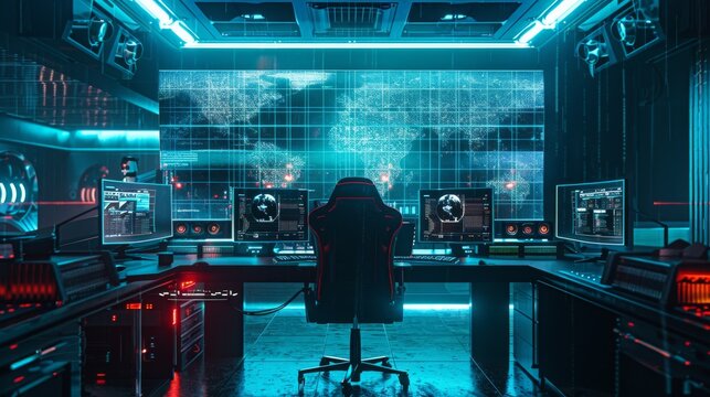 Immersive multi-monitor gaming setup with four screens, dynamic neon RGB lighting (blue, pink), and an empty ergonomic gamer chair at a wooden desk. Futurist cyberpunk atmosphere.