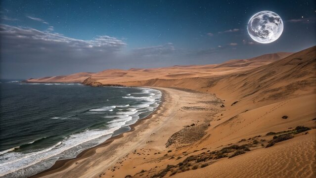 Full Moon Over Desert Coastline at Night. Stunning view of moonlit desert meeting ocean waves, blending sandy dunes with dramatic night sky and full moon