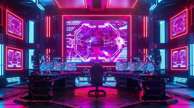 Immersive multi-monitor gaming setup with four screens, dynamic neon RGB lighting (blue, pink), and an empty ergonomic gamer chair at a wooden desk. Futurist cyberpunk atmosphere.