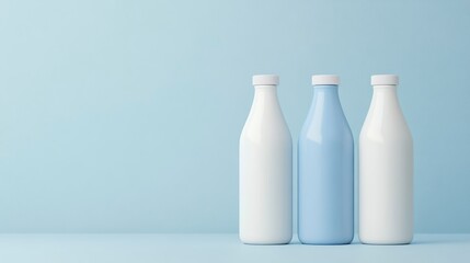Three milk bottles, two white, one light blue, on a light blue background.