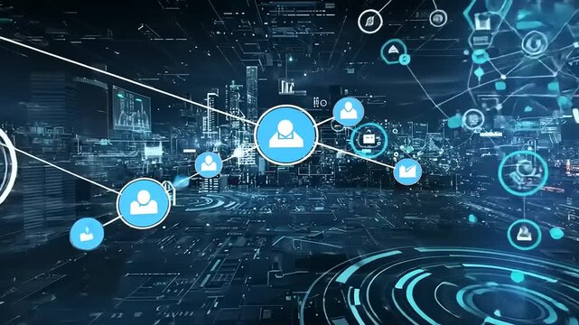 Futuristic digital cityscape with interconnected data networks and user icons representing technology - Powered by Adobe