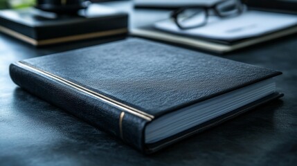 A dark-bound book rests on a desk, blurred papers and glasses nearby, suggesting a professional setting