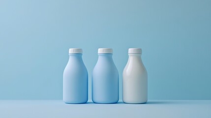 Three milk bottles in light blue and white against a light blue background.