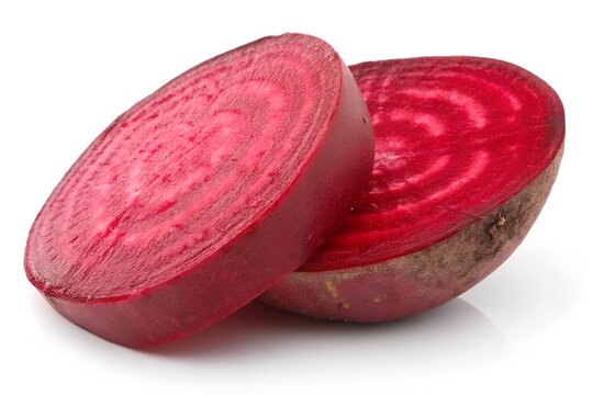 Fresh sliced beetroot with vibrant red rings. Close-up of a halved beetroot showing bright red concentric rings, ideal for healthy food, cooking, and nutrition themes