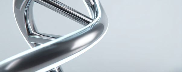 Close up of shiny silver DNA double helix structure on light gray background, symbolizing genetics and scientific research