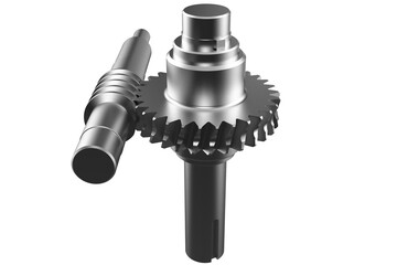 3D rendered metallic worm gear and spur gear mechanism isolated on a PNG Transparent HD Background. High resolution rendering of a mechanical transmission system component for engineering, industry,