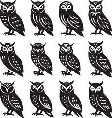 Twelve Stylized Black Owls on White Background