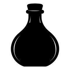 A black and white silhouette illustration of a glass bottle with cork stopper