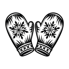 Winter Mittens Clipart Isolated Black Silhouette, Snowflake Design, Warm Clothing Icon