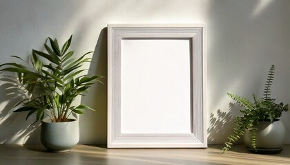 Elegante maqueta de póster con marco blanco, sombras y plantas