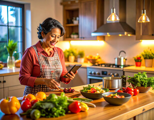 Mature woman interacts with a voice-activated assistant while preparing a meal
