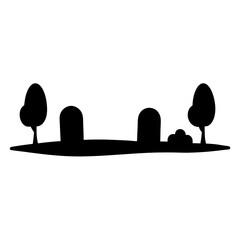 Black and white cartoon image showing tombstones and trees silhouette landscape