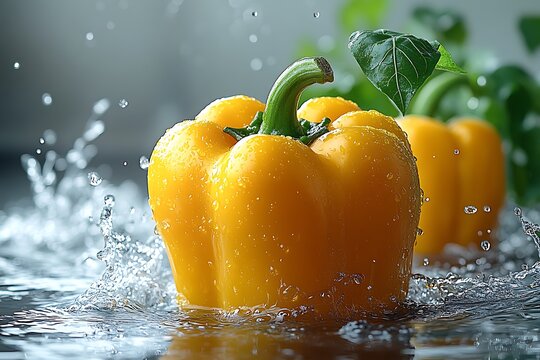 Vibrant yellow bell pepper with water splashes depicting freshness and healthy eating - Powered by Adobe